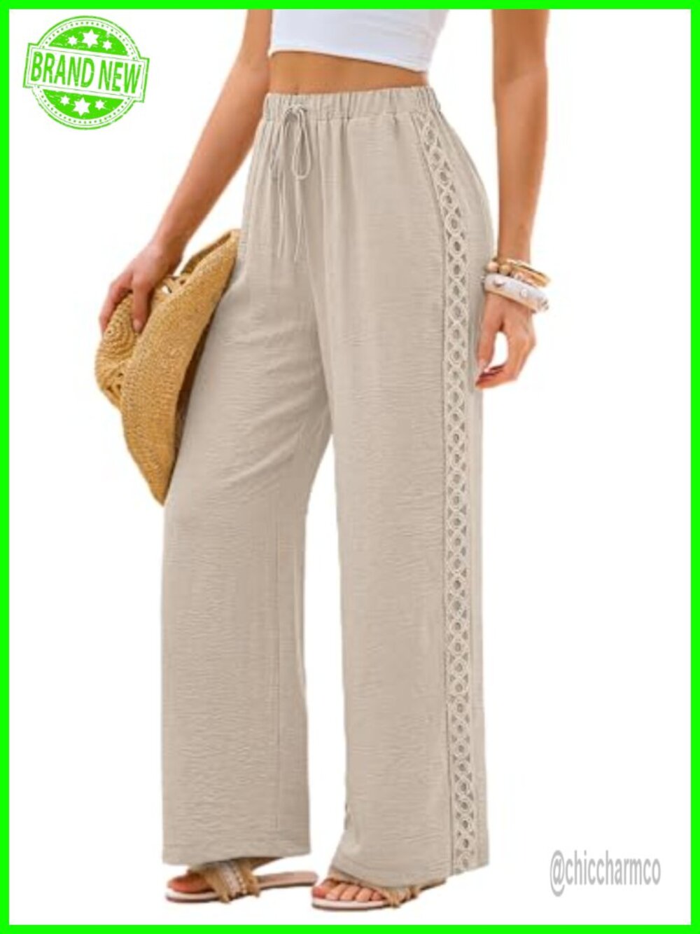 Wide Leg Palazzo Pants Flowy Lace Elastic Waist Pockets Summer Vacation